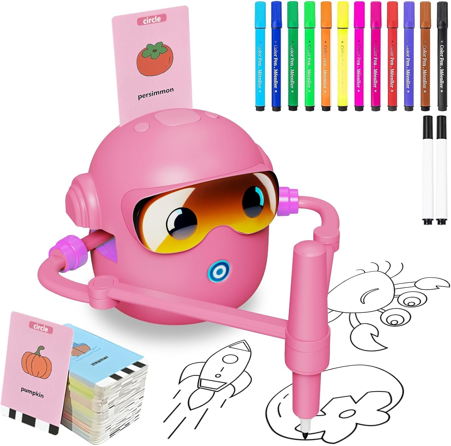Drawing Robot Toy for Kids with 100 Word Cards & 12 Color Pens, Voice Interactive Educational Drawing Machine, Montessori Painting Toys for 3 4 5 6 7 8 Year Old Boys Girls Easter Gifts (Pink)