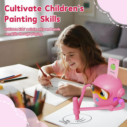 Drawing Robot Toy for Kids with 100 Word Cards & 12 Color Pens, Voice Interactive Educational Drawing Machine, Montessori Painting Toys for 3 4 5 6 7 8 Year Old Boys Girls Easter Gifts (Pink)