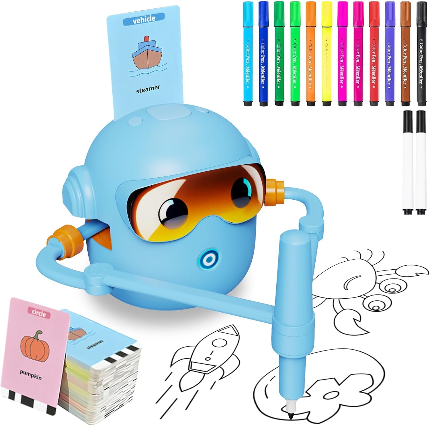 Drawing Robot Toy for Kids with 100 Word Cards & 12 Color Pens, Voice Interactive Educational Drawing Machine, Montessori Painting Toys for 3 4 5 6 7 8 Year Old Boys Girls Easter Gifts (Pink)