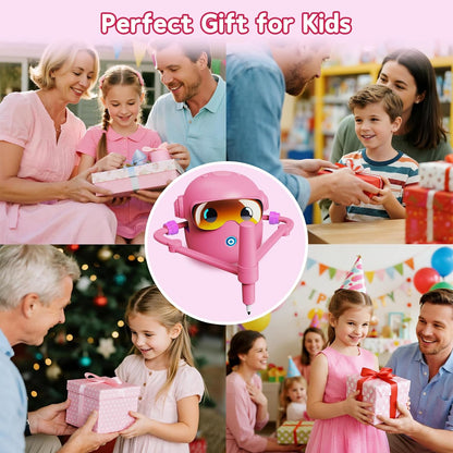 Drawing Robot Toy for Kids with 100 Word Cards & 12 Color Pens, Voice Interactive Educational Drawing Machine, Montessori Painting Toys for 3 4 5 6 7 8 Year Old Boys Girls Easter Gifts (Pink)