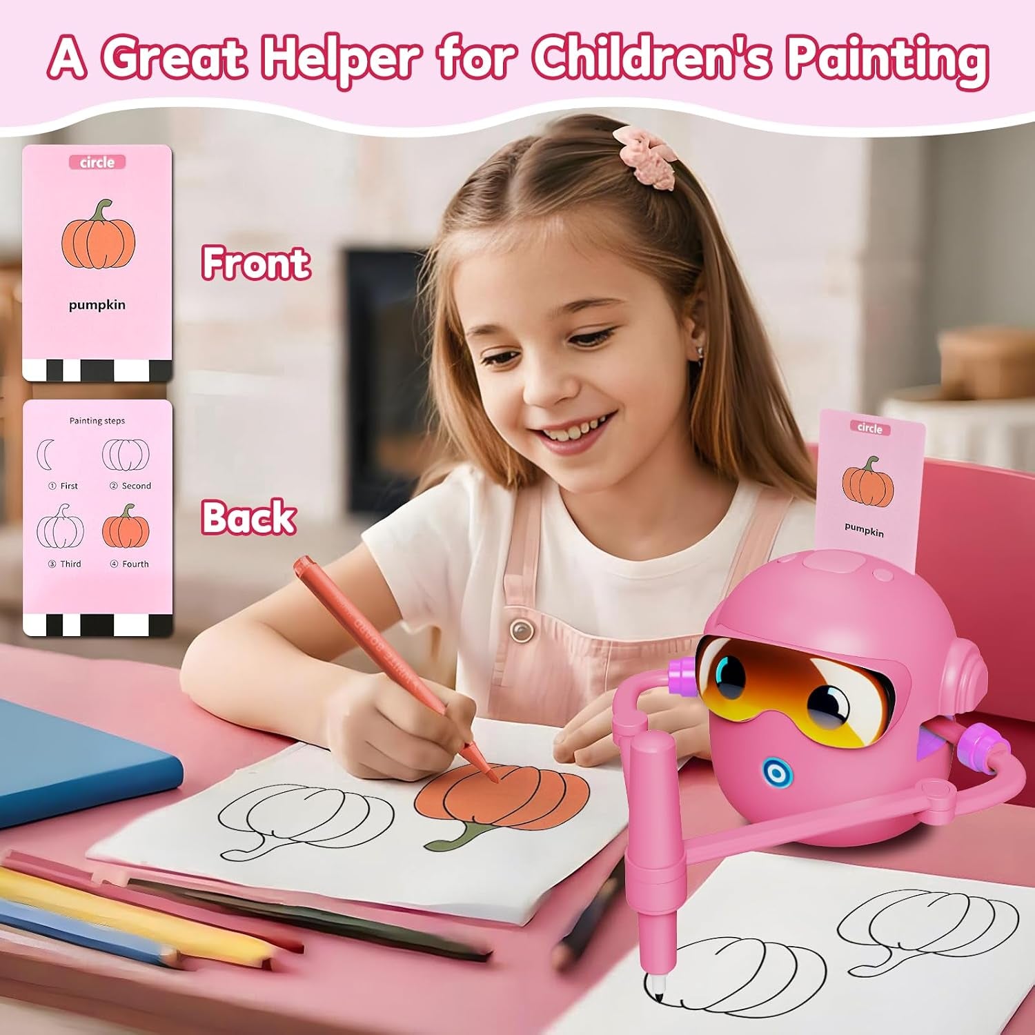 Drawing Robot Toy for Kids with 100 Word Cards & 12 Color Pens, Voice Interactive Educational Drawing Machine, Montessori Painting Toys for 3 4 5 6 7 8 Year Old Boys Girls Easter Gifts (Pink)