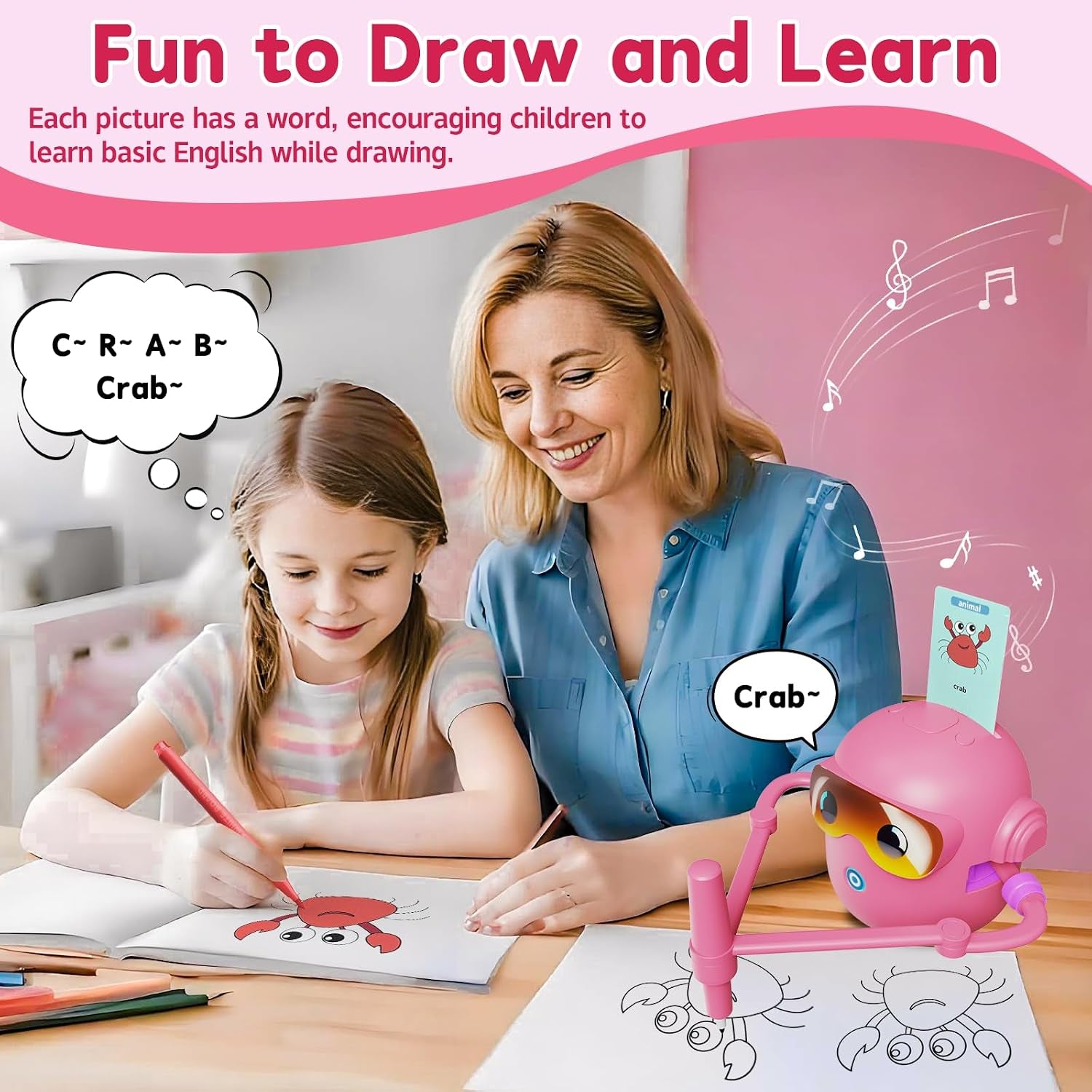 Drawing Robot Toy for Kids with 100 Word Cards & 12 Color Pens, Voice Interactive Educational Drawing Machine, Montessori Painting Toys for 3 4 5 6 7 8 Year Old Boys Girls Easter Gifts (Pink)