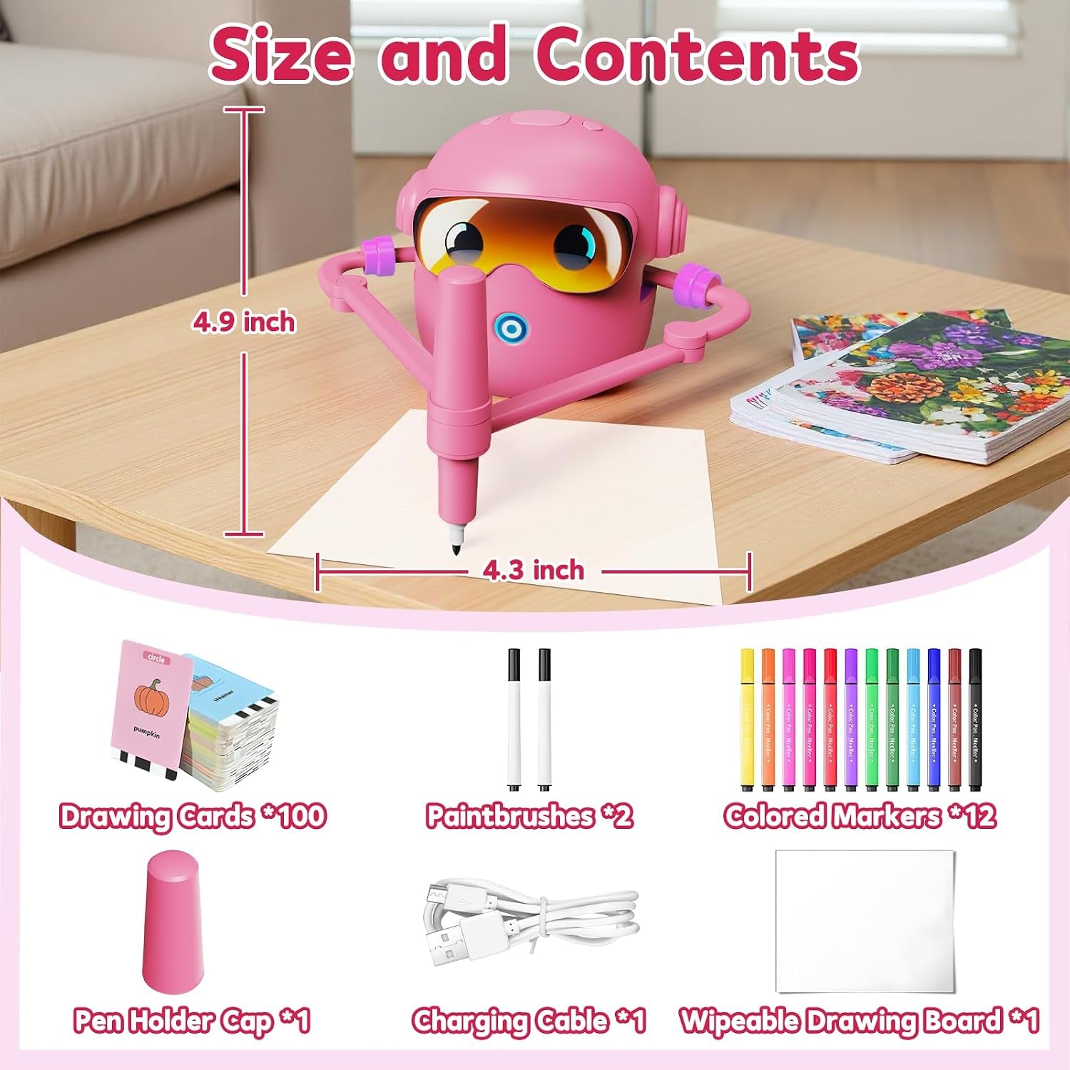 Drawing Robot Toy for Kids with 100 Word Cards & 12 Color Pens, Voice Interactive Educational Drawing Machine, Montessori Painting Toys for 3 4 5 6 7 8 Year Old Boys Girls Easter Gifts (Pink)