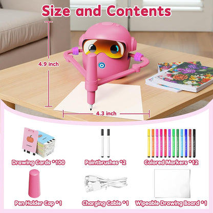 Drawing Robot Toy for Kids with 100 Word Cards & 12 Color Pens, Voice Interactive Educational Drawing Machine, Montessori Painting Toys for 3 4 5 6 7 8 Year Old Boys Girls Easter Gifts (Pink)